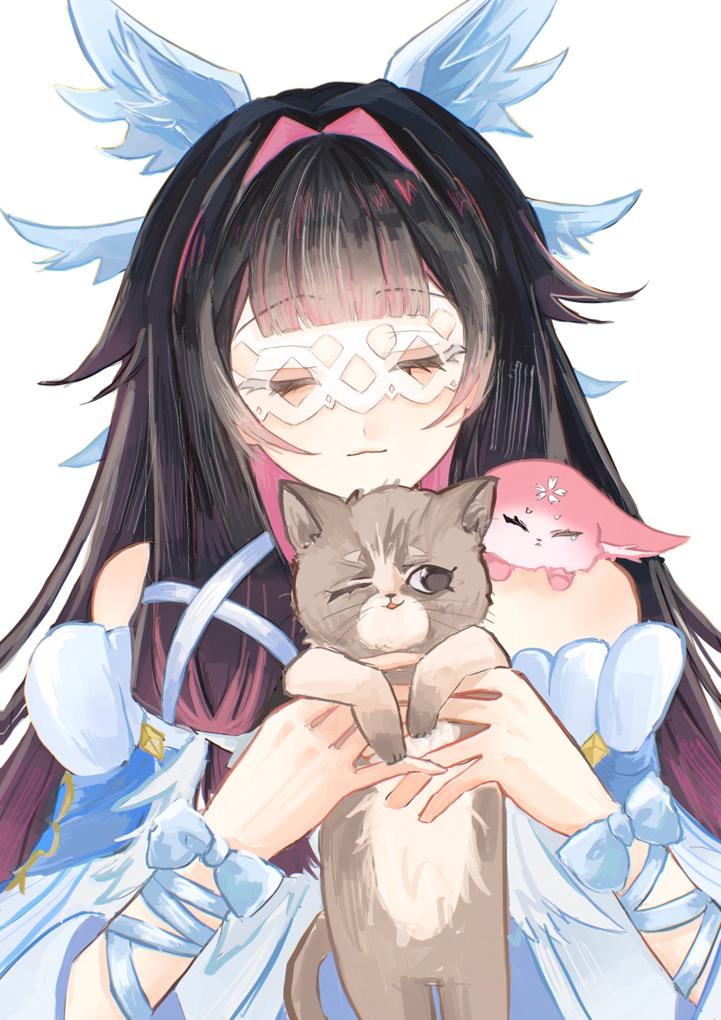 columbina (genshin impact), yae miko, yae miko (fox), genshin impact, highres, 1girl, :3, animal, animal on shoulder, animalization, black hair, blunt tresses, brown cat, cat, closed eyes, closed mouth, colored inner hair, cowlick, detached sleeves, dress, eye mask, eyelashes, facing viewer, hair intakes, hair ribbon, hands up, holding, holding animal, holding cat, iragashi m m, long hair, multicolored hair, person and animalization, pink hair, ribbon, smile, solo, tress ribbon, white background, white dress, white mask, white ribbon, white sleeves, wrist bow
