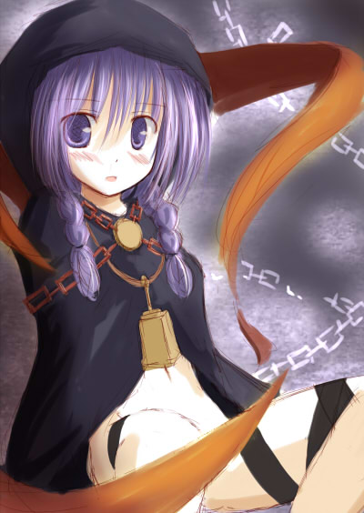 mashayuki, curse maker, curse maker 2, atlus, etrian odyssey, bell, blush, bottomless, braid, chain, cowbell, hood, purple hair, ribbon, sketch, solo, twin braids
