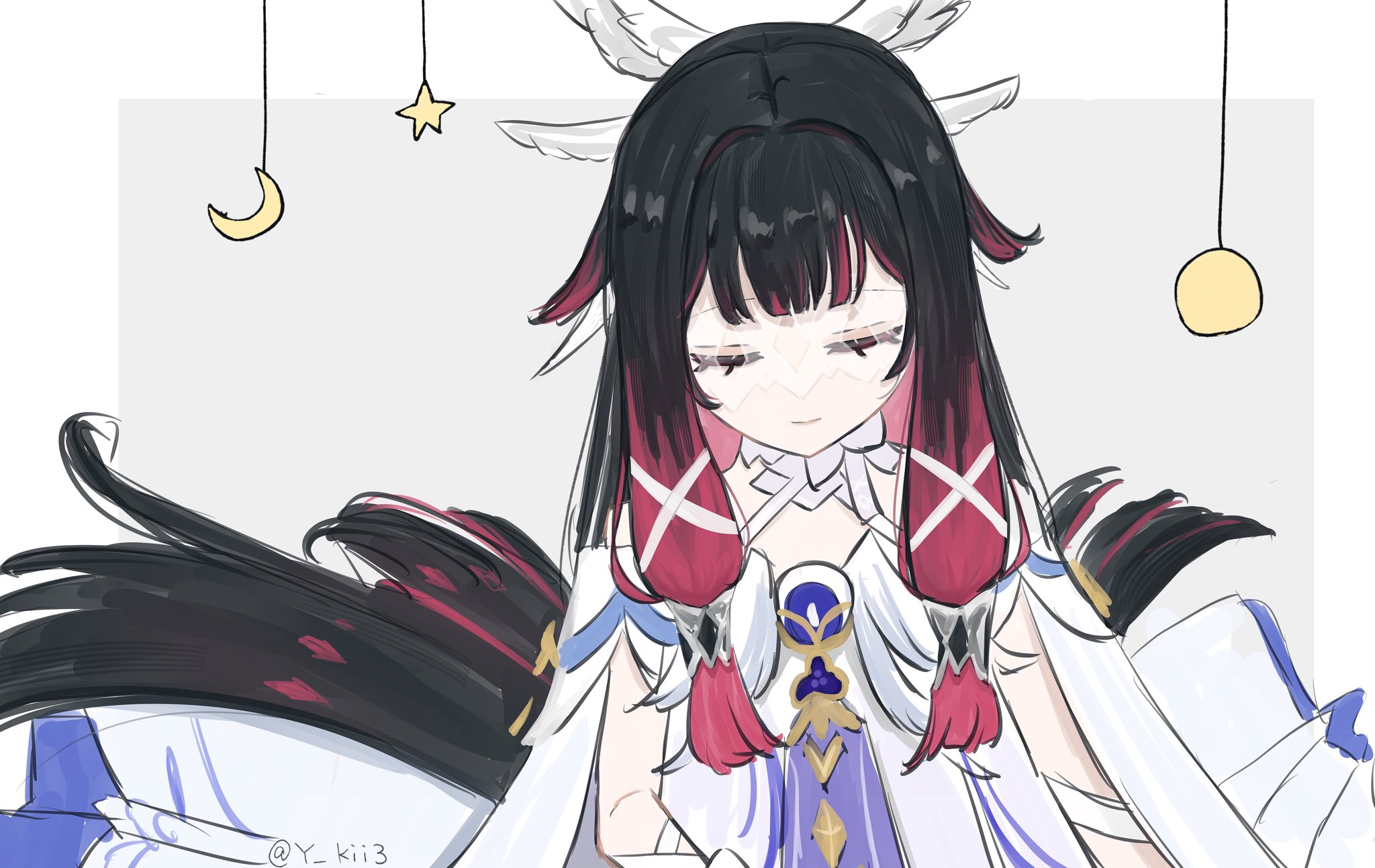 columbina (genshin impact), genshin impact, highres, 1girl, angel wings, black hair, blunt bangs, blunt ends, border, bow, bowtie, closed eyes, closed mouth, cowlick, crescent, detached sleeves, dress, eye mask, facing viewer, feathered wings, full moon, grey background, hair intakes, hair ribbon, hair tubes, head wings, long hair, mask, moon, multicolored hair, multiple wings, pink hair, ribbon, see-through clothes, see-through mask, smile, solo, star (symbol), streaked hair, tress ribbon, twitter username, white border, white bow, white bowtie, white dress, white mask, white ribbon, white sleeves, white wings, wings, wrist bow, y kii3