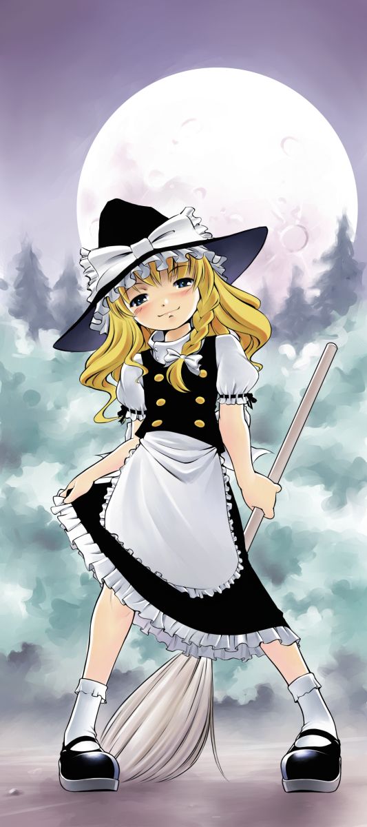 sekihan, kirisame marisa, touhou, bad source, duplicate, highres, 1girl, braid, female focus, forest, full body, hat, moon, nature, outdoors, plant, skirt, sky, solo