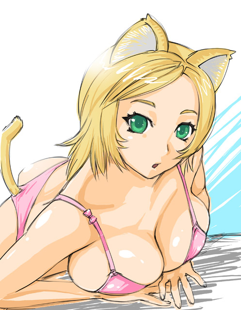 ueyama michirou, original, 1girl, animal ears, bra, breast press, breasts, cat ears, cat tail, cleavage, female focus, large breasts, lingerie, panties, pink bra, pink panties, solo, tail, underwear, underwear only