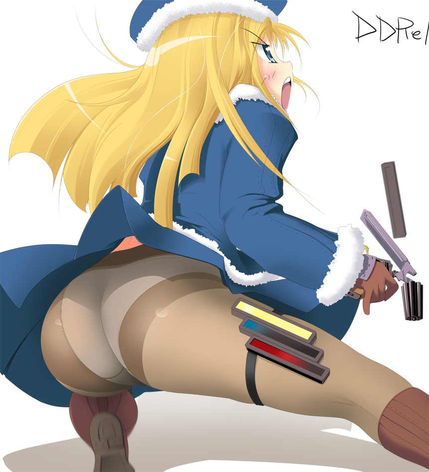 kotatsu (kotatsu3), gunner (sekaiju), gunner 2 (sekaiju), atlus, etrian odyssey, 1girl, :o, angry, ass, blonde hair, blue eyes, blush, brown socks, coat, female focus, fighting stance, fur trim, gloves, gun, hat, holding, kneehighs, legs, long hair, open mouth, panties, panties under pantyhose, pantyhose, pantyshot, profile, shadow, simple background, socks, solo, spread legs, squatting, thigh strap, underwear, weapon, wind, wind lift