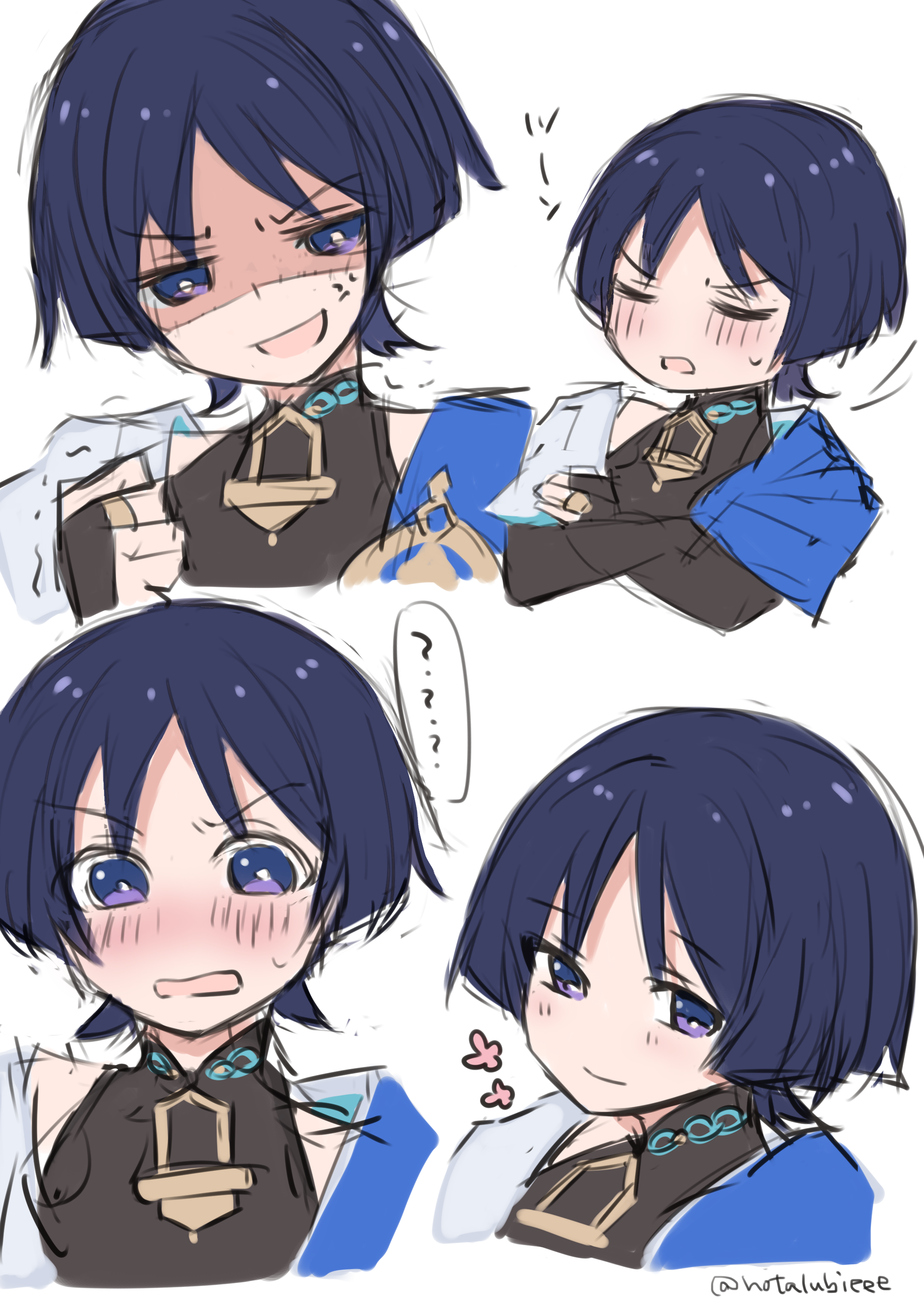 hotarubi (hotarubie), scaramouche (genshin impact), wanderer (genshin impact), genshin impact, absurdres, highres, 1boy, anger vein, annoyed, black bodysuit, blue cape, blunt ends, blush, bodysuit, cape, clenched hand, closed eyes, closed mouth, cropped torso, crossed arms, embarrassed, facing to the side, furrowed brow, gold, gold ring, hand on own arm, happy, japanese clothes, kimono, mandarin collar, middle ring, multiple expressions, multiple views, open clothes, open kimono, open mouth, parted bangs, purple eyes, raised eyebrow, shaded face, shoulder peek, sketch, trembling, tsundere, twitter username, white background, white kimono, wide-eyed