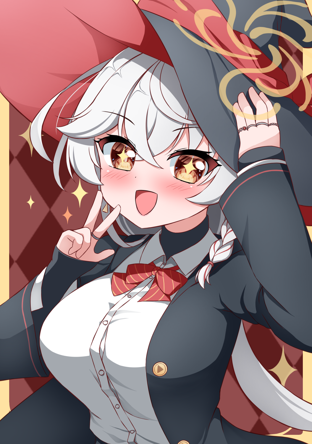 00 (futamaru), eri (blue archive), blue archive, highres, 1girl, black cloak, blush, bow, braid, breasts, cloak, collared shirt, hair between eyes, jewelry, large breasts, long sleeves, looking at viewer, open mouth, orange hair, red bow, red hair, ring, shirt, side braid, smile, solo, sparkling eyes, upper body, white hair, white shirt, wide sleeves