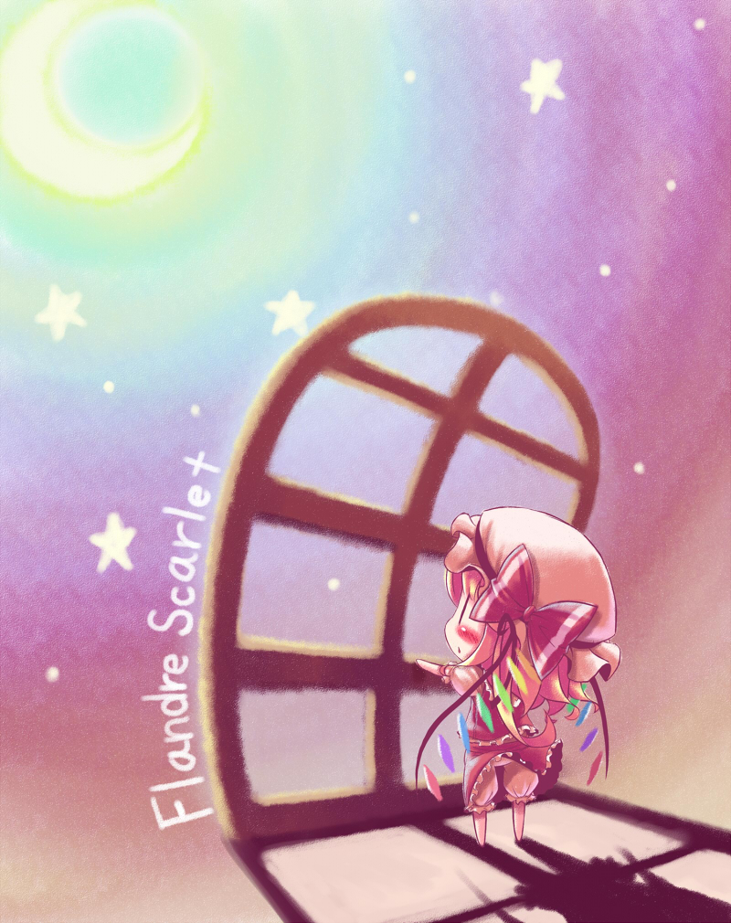 takahero, flandre scarlet, touhou, 1girl, bow, character name, chibi, crystal, demon wings, dress, female focus, from behind, full body, hat, hat bow, mob cap, moon, moonlight, red bow, red dress, solo, standing, window, wings