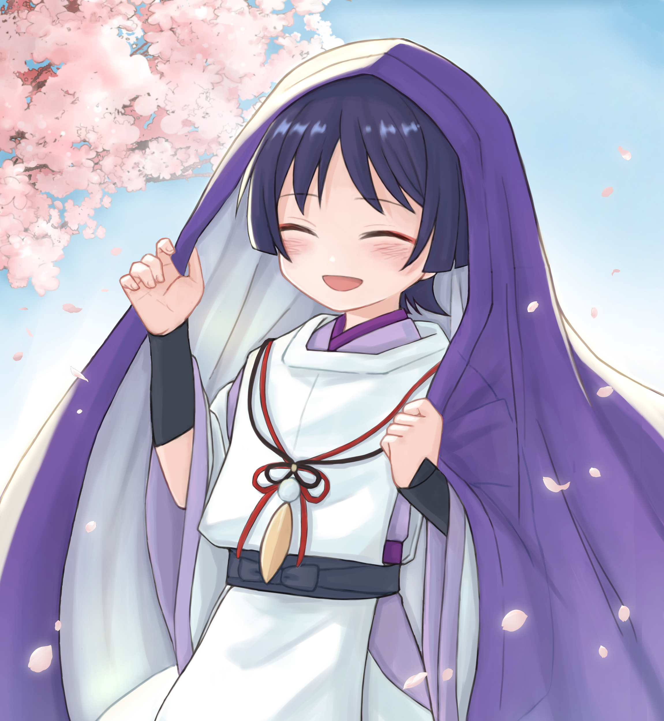 hotarubi (hotarubie), scaramouche (genshin impact), scaramouche (kabukimono) (genshin impact), genshin impact, absurdres, highres, 1boy, armor, black bow, black sash, blunt ends, bow, cherry blossoms, clenched hand, closed eyes, clothing cutout, cowboy shot, curled fingers, eyeliner, eyeshadow, facing viewer, falling petals, feathers, fingernails, hands up, happy, japanese armor, japanese clothes, kariginu, kimono, kote, kurokote, layered sleeves, makeup, male focus, open mouth, outdoors, petals, pink petals, pom pom (clothes), purple kimono, purple sleeves, purple veil, red eyeliner, red eyeshadow, sash, side cutout, solo, string, three-quarter sleeves, veil, white sleeves, wide sleeves, wispy bangs, yellow feathers