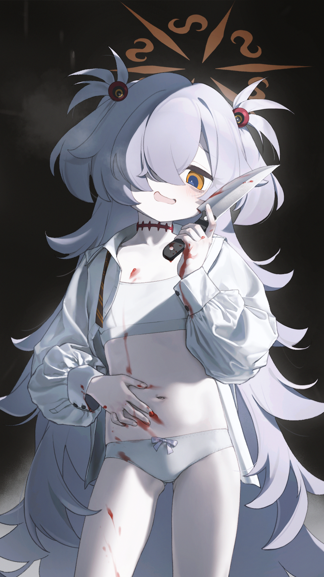 fe (sakura), kanoe (blue archive), blue archive, highres, 1girl, bags under eyes, black background, blood, blood on clothes, bloody knife, bra, choker, collared shirt, cowboy shot, hair bobbles, hair ornament, hair over one eye, halo, holding, holding knife, holding weapon, knife, long hair, open clothes, open mouth, open shirt, orange eyes, orange halo, panties, red choker, shirt, solo, two side up, underwear, weapon, white bra, white hair, white panties, white shirt