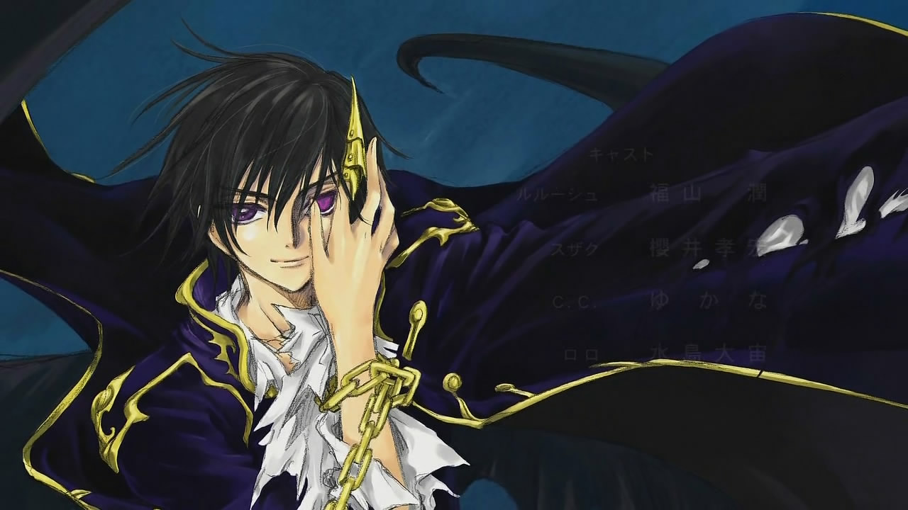clamp, lelouch vi britannia, code geass, anime screenshot, 00s, 1boy, black hair, chain, looking at viewer, male focus, purple eyes, short hair, solo, torn clothes, upper body