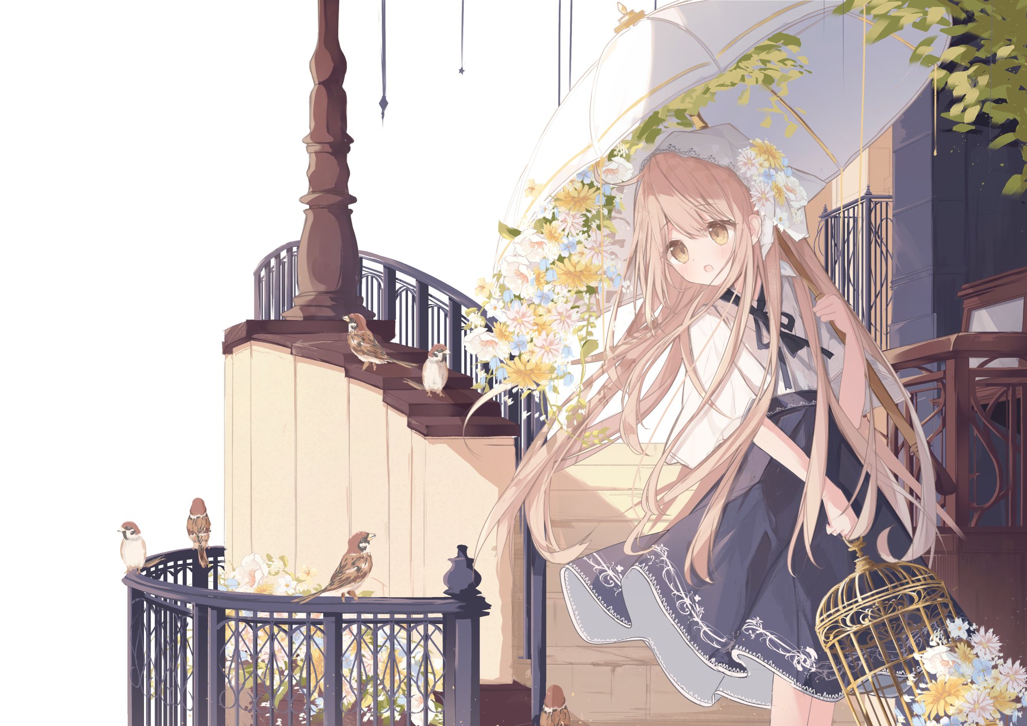 kushida you, original, bird request, commentary request, highres, 1girl, animal, bird, birdcage, black ribbon, black skirt, blue flower, blush, brown eyes, brown hair, cage, flower, hair between eyes, hand up, headscarf, high-waist skirt, holding, holding umbrella, long hair, looking to the side, neck ribbon, open mouth, railing, ribbon, shirt, short sleeves, skirt, solo, stairs, standing, star (symbol), umbrella, very long hair, white background, white flower, white shirt, white umbrella, wide sleeves, yellow flower