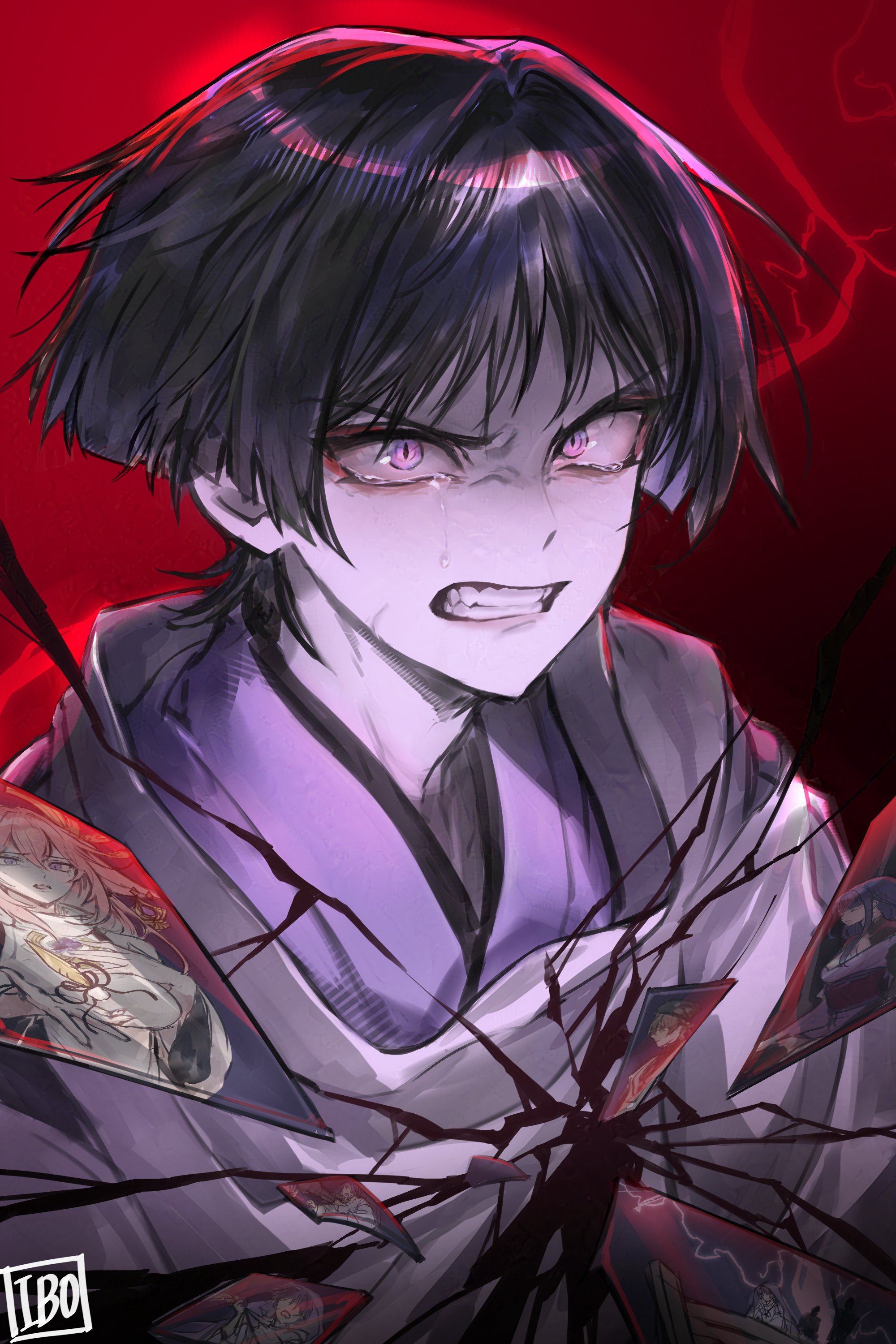 raiden shogun, scaramouche (genshin impact), scaramouche (kabukimono) (genshin impact), yae miko, genshin impact, absurdres, highres, 1boy, 49ibo240, angry, artist name, black hair, blunt ends, choppy bangs, clenched teeth, cracked background, cracked screen, crying, crying with eyes open, eyeliner, eyeshadow, frown, furrowed brow, glaring, hair intakes, japanese clothes, kariginu, kimono, looking at viewer, makeup, niwa (genshin impact), pale skin, purple kimono, red background, red eyeliner, red eyeshadow, sanpaku, solo, tears, teeth, tsurime, white sleeves