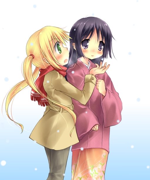 sakurano miya, saginomiya isumi, sanzen'in nagi, hayate no gotoku!, bad id, bad pixiv id, 00s, 2girls, clenched hand, coat, fringe trim, gradient background, hand on own chest, japanese clothes, kimono, multiple girls, red scarf, scarf, snow, snowing, twintails