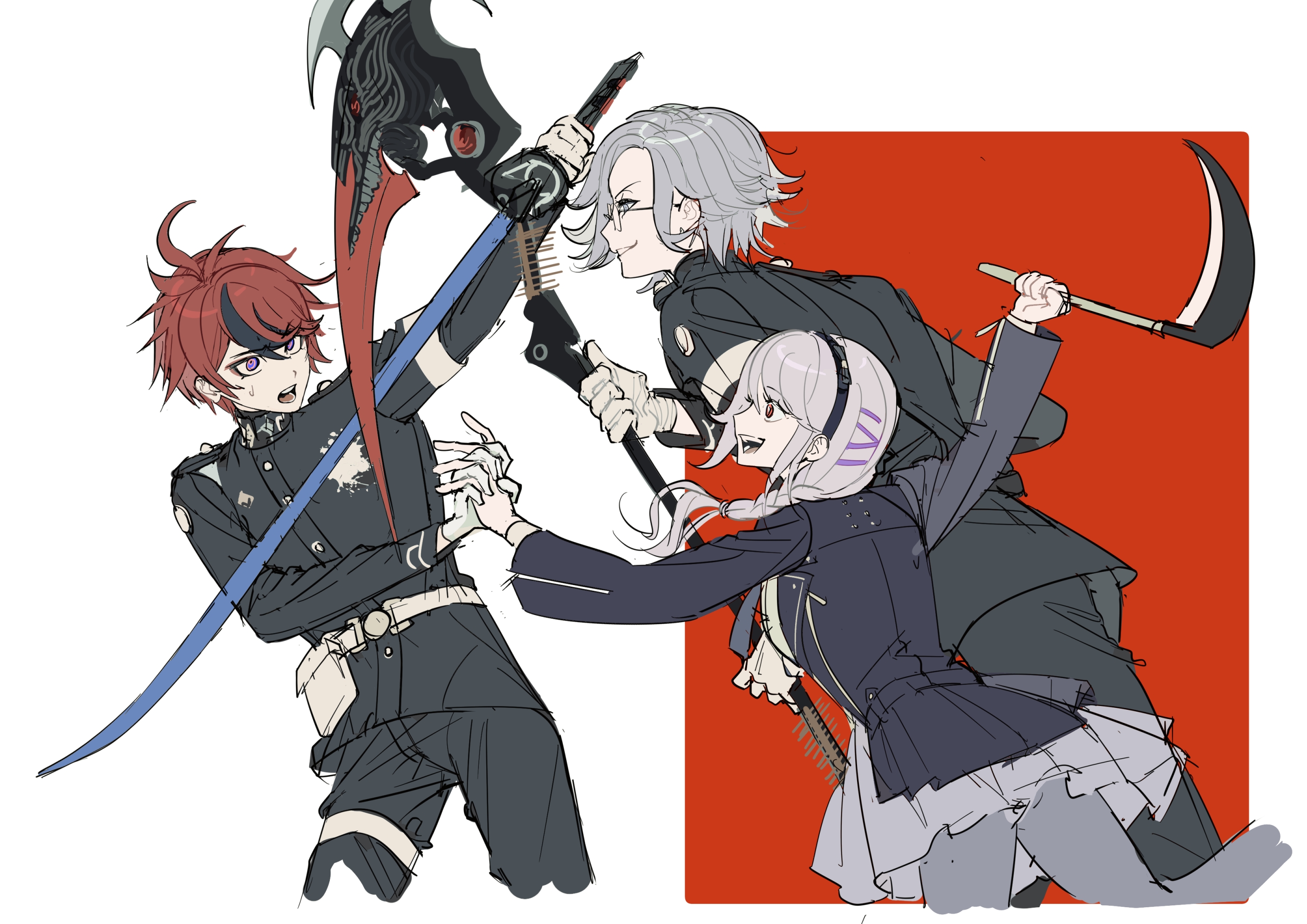 pabitelsafe3, aotsuki eito, kirifuji nozomi, sumino takumi, the hundred line -last defense academy-, chinese commentary, commentary request, highres, spoilers, 1girl, 2boys, ahoge, arm up, armband, attack, belt, belt pouch, black hairband, black jacket, black pants, black streaks, blue eyes, braid, evil grin, evil smile, gakuran, glasses, gloves, grey eyes, grey hair, grey pantyhose, grey skirt, grin, hair over shoulder, hairband, holding, holding hands, holding scythe, holding sword, holding weapon, hole in chest, hole on body, jacket, last defense academy school uniform, long hair, looking at another, multicolored hair, multiple boys, pants, pantyhose, pouch, red background, red eyes, red hair, school uniform, scythe, short hair, simple background, single braid, sketch, skirt, smile, streaked hair, sweatdrop, sword, thigh strap, two-tone background, weapon, white armband, white background, white belt