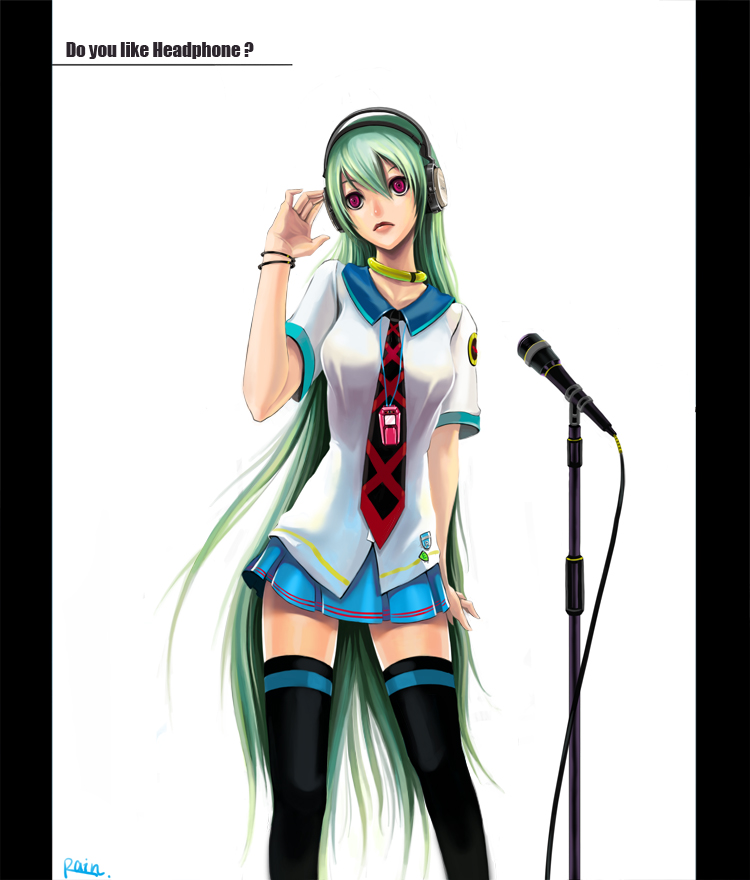 rain epithet, shoumei ame, eureka (eureka seven), eureka seven, eureka seven (series), 00s, 1girl, english text, engrish text, female focus, green hair, headphones, long hair, microphone, microphone stand, necktie, ranguage, red eyes, solo, thighhighs, very long hair, zettai ryouiki