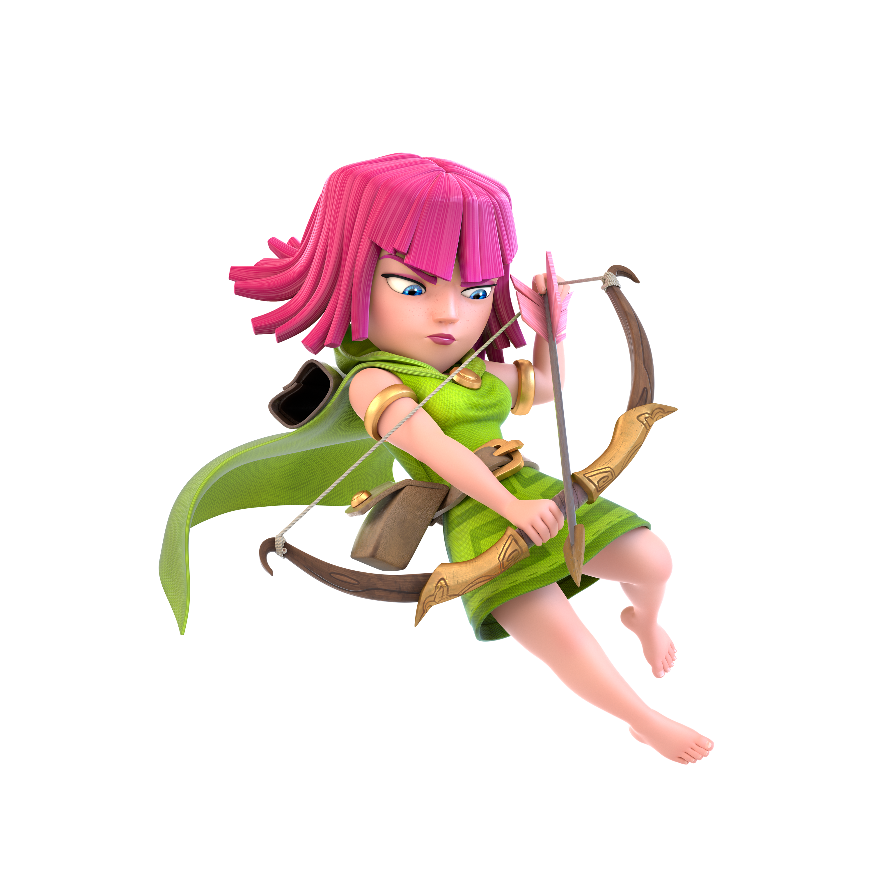 archer (clash of clans), clash of clans, absurdres, highres, non-web source, official art, 1girl, 3d, barefoot, belt pouch, blue eyes, bow (weapon), cape, dress, green cape, green dress, holding, holding bow (weapon), holding weapon, pink hair, pouch, quiver, simple background, solo, transparent background, weapon