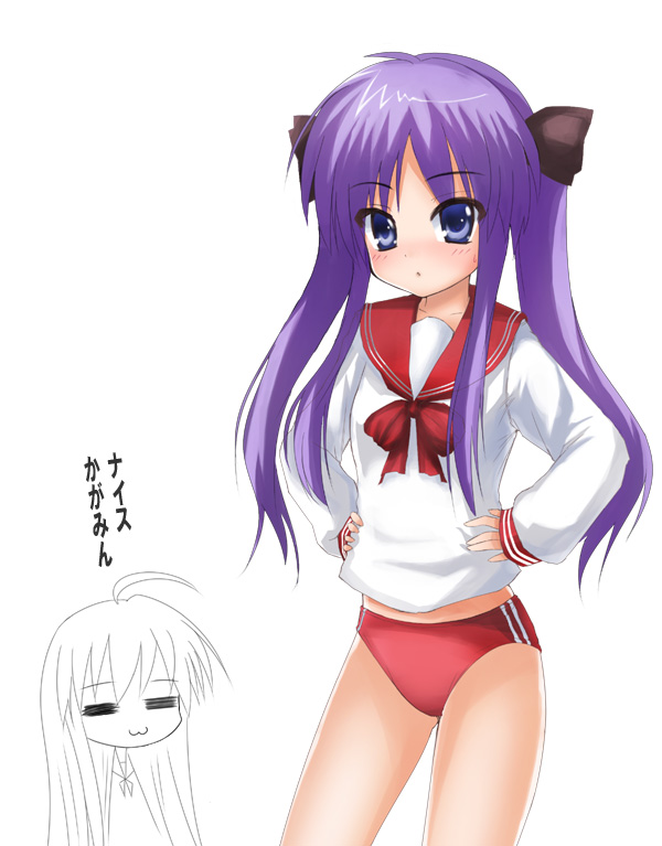 shima-shuu, hiiragi kagami, izumi konata, lucky star, 00s, 2girls, = =, ahoge, blue eyes, blush, buruma, cowboy shot, long sleeves, looking at viewer, multiple girls, purple eyes, purple hair, sailor collar, school uniform, serafuku, shirt, sidelocks, simple background, solo focus, standing, twintails, white background, white shirt