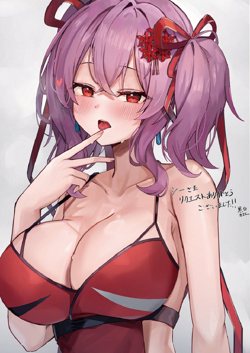 kuroshiro kanae, phantasy star, phantasy star online 2, commentary request, commission, second-party source, skeb commission, 1girl, artist name, blush, breasts, cleavage, collarbone, commissioner name, finger to tongue, grey background, hair between eyes, hair ornament, hand up, large breasts, long hair, looking at viewer, open mouth, purple hair, red eyes, red ribbon, ribbon, simple background, solo, sweat, thank you, tongue, tongue out, twintails, upper body