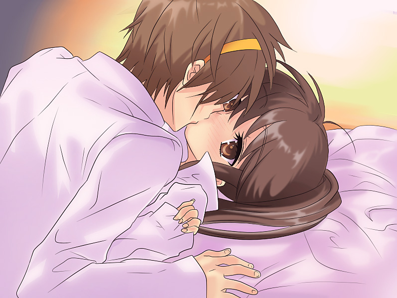 azuma (azuma1943), kyon, kyonko, suzumiya haruhi, suzumiya haruhiko, nanatsuiro drops, suzumiya haruhi no yuuutsu, 1boy, 1girl, bed sheet, boy on top, brown eyes, brown hair, collared shirt, dress shirt, genderswap, genderswap (ftm), genderswap (mtf), hairband, hetero, kiss, long sleeves, parody, ponytail, shirt, short hair, upper body