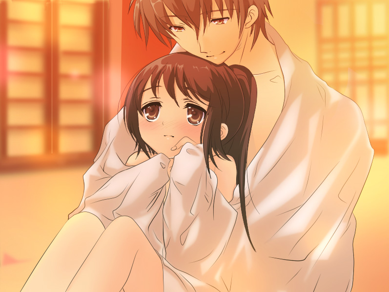 azuma (azuma1943), kyon, kyonko, suzumiya haruhi, suzumiya haruhiko, suzumiya haruhi no yuuutsu, 00s, 1boy, 1girl, bare legs, brown eyes, brown hair, collarbone, genderswap, genderswap (ftm), genderswap (mtf), height difference, indoors, knees up, ponytail, sitting, sliding doors, sunlight