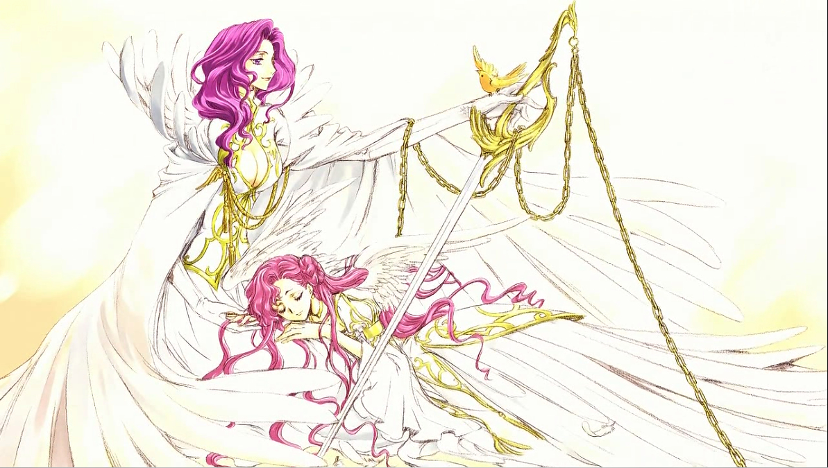 clamp, cornelia li britannia, euphemia li britannia, code geass, anime screenshot, 00s, 2girls, bird, breasts, chain, cleavage, curly hair, donut hair bun, elbow gloves, gloves, hair bun, lap pillow, lipstick, long hair, makeup, medium breasts, multiple girls, pink hair, purple eyes, purple hair, red hair, sleeping, sword, weapon, wings
