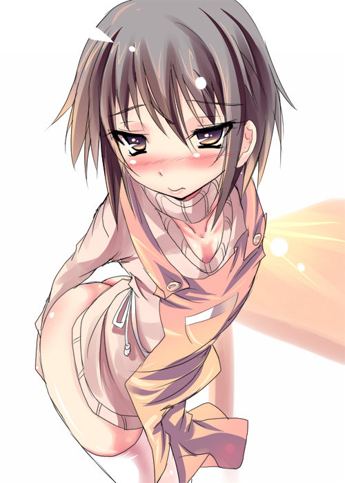 shiranagi, nagato yuki, suzumiya haruhi no yuuutsu, 00s, 1girl, apron, ass, blush, bottomless, brown eyes, female focus, flat chest, grey hair, long hair, no panties, short hair, solo, thighhighs, turtleneck, white thighhighs