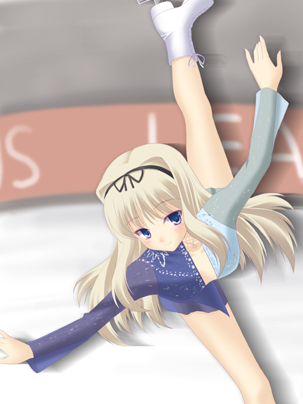 masakichi (crossroad), kusugawa sasara, to heart (series), to heart 2, 00s, 1girl, female focus, figure skating, flexible, ice, ice skates, ice skating, legs, skates, skating, solo, split, standing, standing on one leg, standing split
