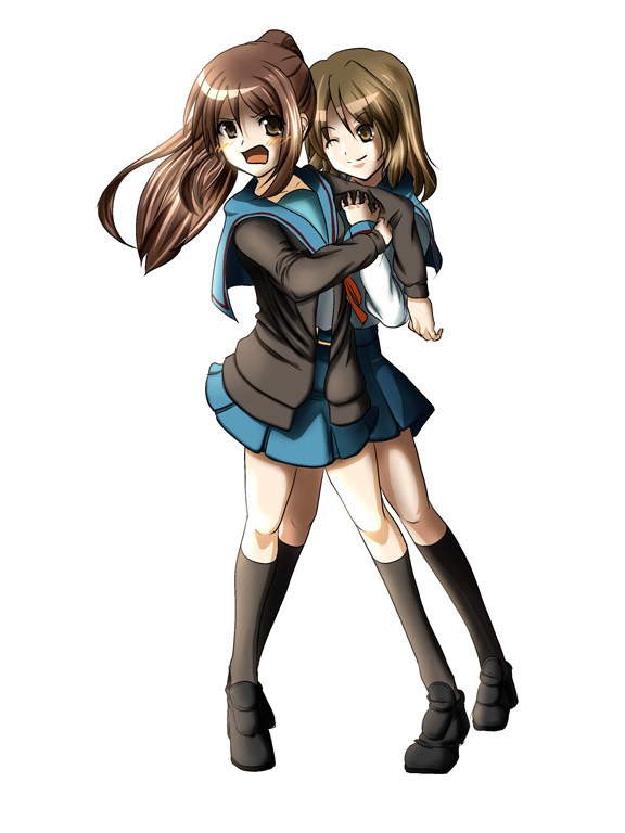 koizumi itsuki, koizumi itsuki (female), kyon, kyonko, suzumiya haruhi no yuuutsu, 00s, 2girls, blush, brown hair, genderswap, genderswap (mtf), kneehighs, long hair, multiple girls, one eye closed, ponytail, school uniform, serafuku, socks, wink