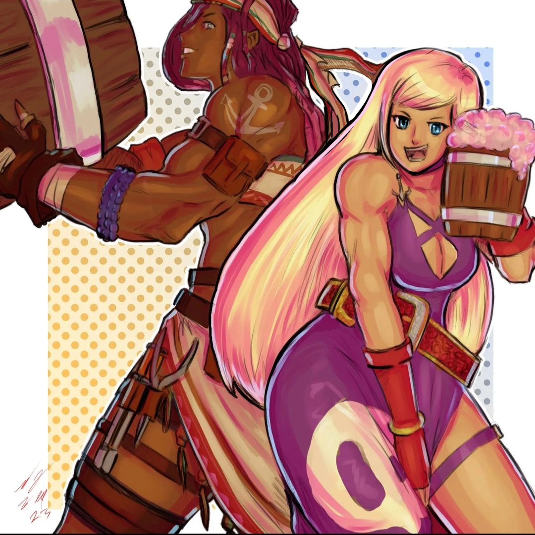 b. jenet, b.jenet, darli dagger, samurai spirits, the king of fighters, the king of fighters xv, 2girls, blonde hair, bodypaint, braid, breasts, cleavage, cleavage cutout, clothing cutout, curvy, dark-skinned female, dark skin, dress, female focus, huge breasts, large breasts, long hair, multiple girls, muscular, muscular female, purple hair, standing, taurence bell, thick thighs, thighs, toned, toned female, wide hips