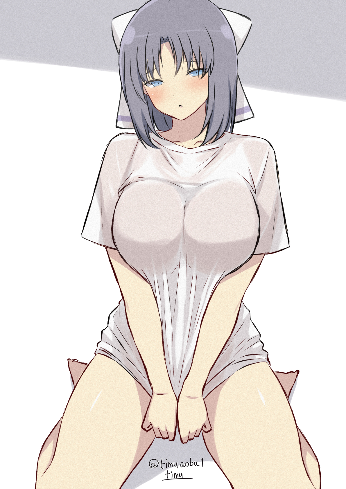 chimunge, yumi (senran kagura), senran kagura, senran kagura burst, senran kagura burst re:newal, senran kagura estival versus, senran kagura shinovi versus, highres, 1girl, artist name, blue eyes, blush, bow, breasts, cleavage, clothes pull, collarbone, feet, grey hair, hair bow, kneeling, large breasts, looking at viewer, medium hair, shirt, shirt pull, signature, simple background, solo, t-shirt, thighs