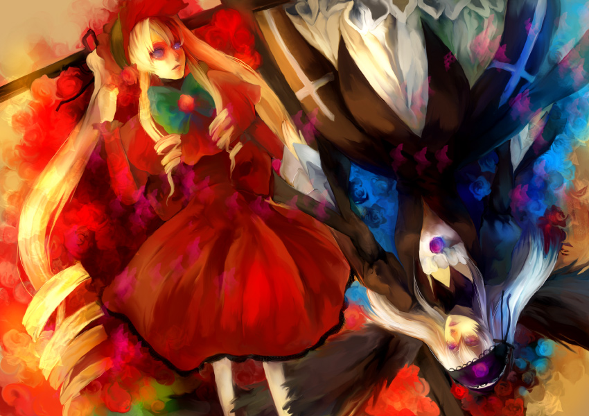 toriko (hatoriko), shinku, suigintou, rozen maiden, silver hair, bad id, bad pixiv id, 00s, 2girls, black dress, blonde hair, blue eyes, bonnet, bow, bowtie, dress, drill hair, flower, from above, green bow, green bowtie, hairband, lolita hairband, looking at viewer, lying, multiple girls, on back, pink eyes, pink flower, pink rose, red dress, rose, shaded face, symmetry, twin drills, twintails