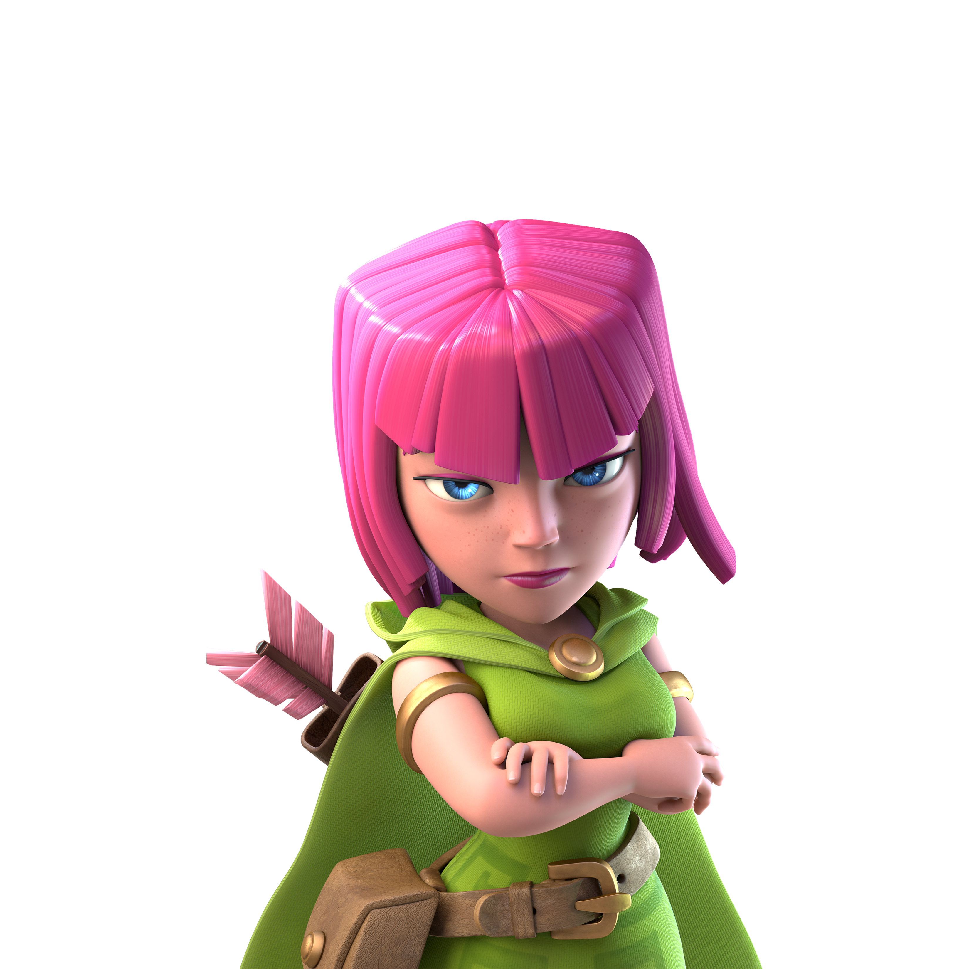 archer (clash of clans), clash of clans, gold armlet, absurdres, highres, non-web source, official art, 1girl, 3d, blue eyes, cape, crossed arms, dress, green cape, green dress, looking at viewer, pink hair, quiver, simple background, solo, transparent background