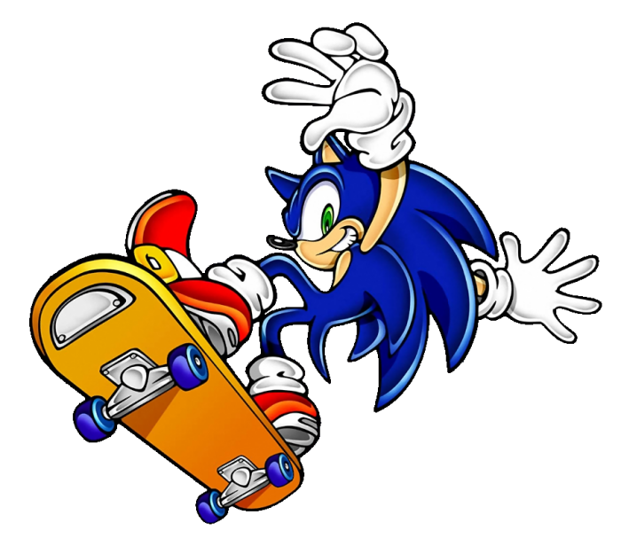 uekawa yuji, sonic the hedgehog, sega, sonic (series), sonic adventure, scan, animal ears, arm behind back, arm behind head, arms behind back, arms behind head, arms up, bent over, blue fur, dynamic pose, floating, flying, game console, gloves, green eyes, head tilt, hedgehog, jumping, red shoes, sega dreamcast, shoes, skateboard, skateboarding, sonic adventure pose, spiked hair, spikes, toon (style), transparent background, video game, white gloves