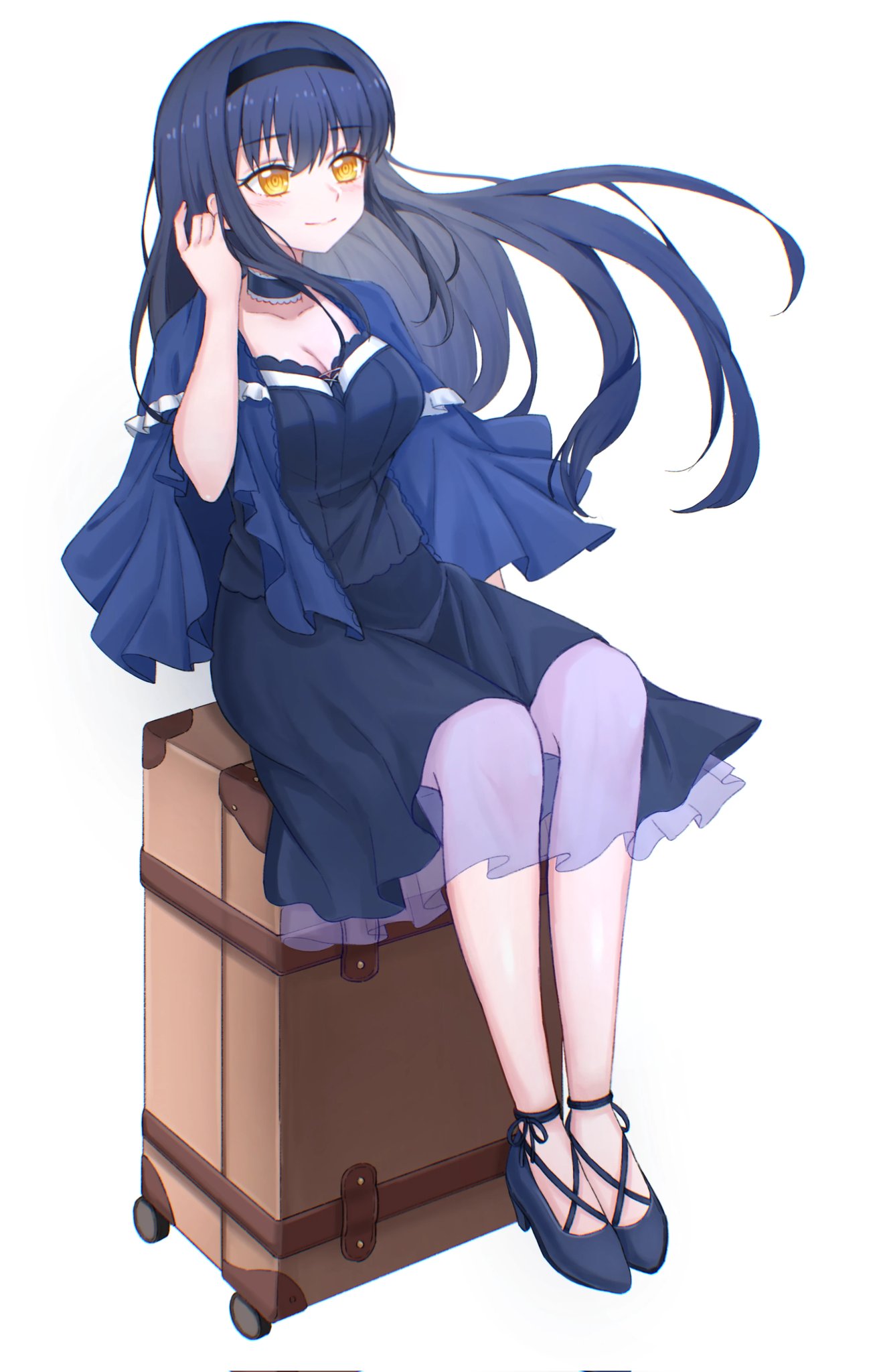 kushima kamome, summer pockets, commentary request, highres, 1girl, black camisole, black choker, black hair, black hairband, black shoes, black skirt, blue capelet, blush, breasts, camisole, capelet, choker, clanney0, cleavage, closed mouth, collarbone, eyelashes, floating hair, frilled capelet, frilled choker, frills, full body, hair between eyes, hairband, hand up, high heels, large breasts, legs together, long hair, looking at viewer, medium skirt, no socks, on suitcase, ringed eyes, rolling eyes, shoes, sidelocks, simple background, sitting, skirt, smile, solo, straight hair, tsurime, very long hair, white background, yellow eyes