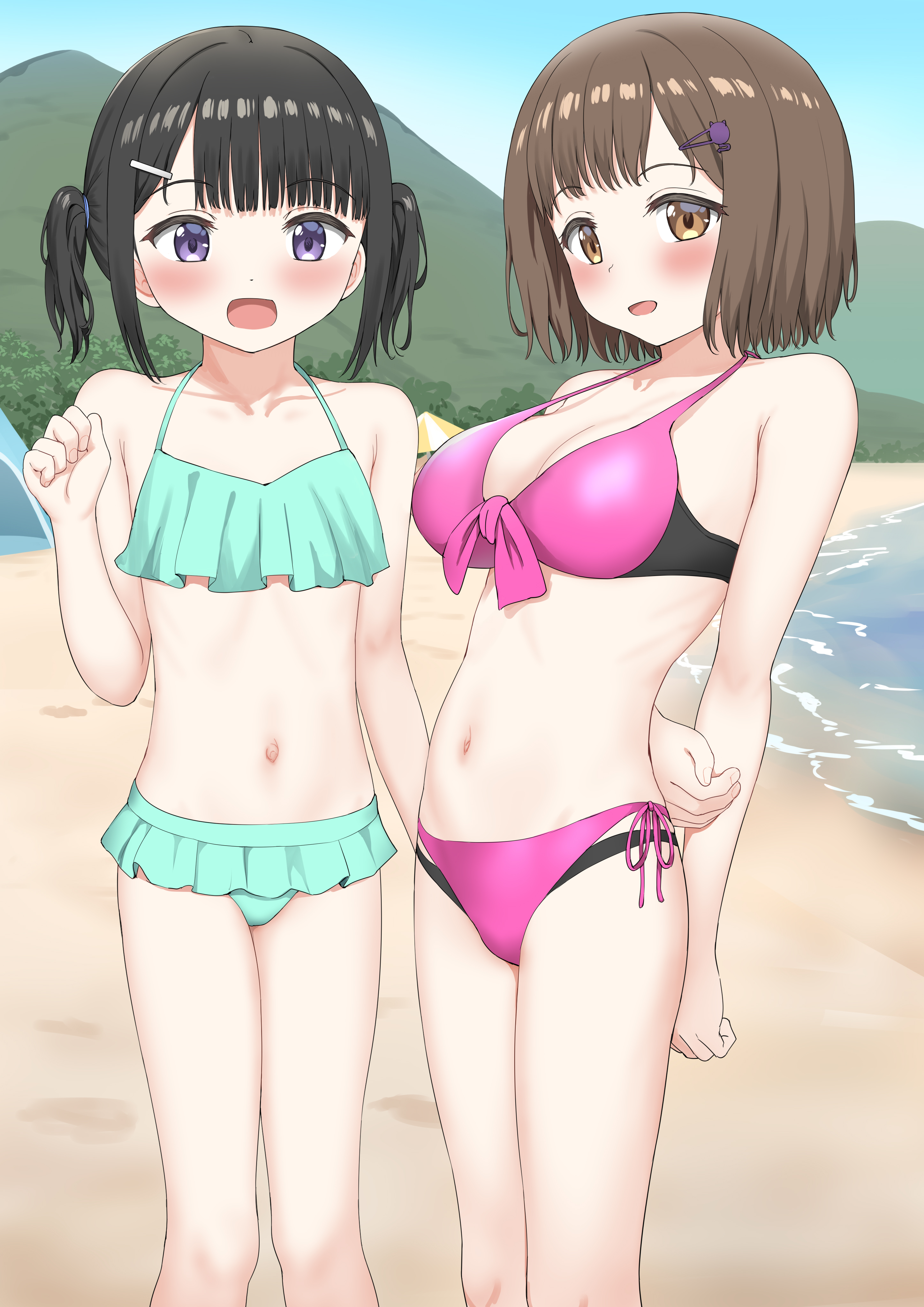 nedia (nedia region), original, absurdres, highres, 2girls, beach, bikini, black hair, breasts, brown eyes, brown hair, day, flat chest, hair ornament, hairclip, large breasts, multiple girls, navel, open mouth, outdoors, pink bikini, purple eyes, short hair, swimsuit, twintails