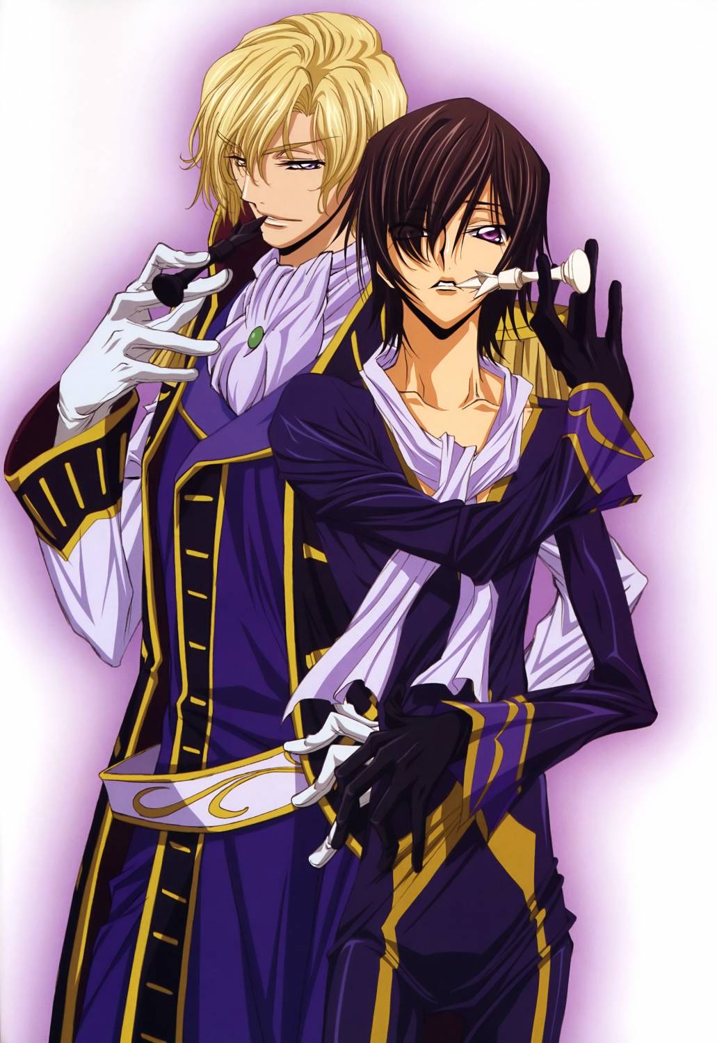 sakou yukie, lelouch vi britannia, schneizel el britannia, code geass, highres, official art, scan, 00s, 2boys, belt, biting, black hair, blonde hair, blue eyes, board game, brothers, chess, chess piece, gloves, hair over one eye, hand on own hip, hip focus, male focus, military, military uniform, multiple boys, purple eyes, scarf, siblings, smile, yaoi