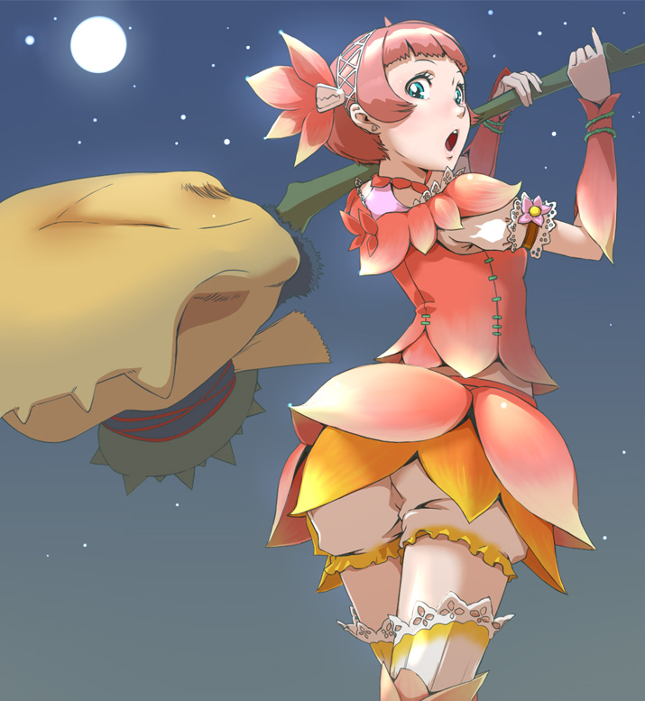 toshi punk, melahoa, capcom, monster hunter (series), lace-trimmed legwear, 1girl, :o, armband, armor, bloomers, blue eyes, blunt bangs, crossed legs, detached sleeves, earrings, female focus, flower, frills, from behind, full moon, hair flower, hair ornament, hairband, huge weapon, jewelry, lace, lace trim, looking back, melahoa (armor), moon, night, night sky, open mouth, outdoors, pink hair, pinky out, plant, red hair, short hair, skirt, sky, solo, standing, star (sky), starry sky, surprised, thighhighs, underwear, upskirt, vines, weapon, white bloomers, wristband