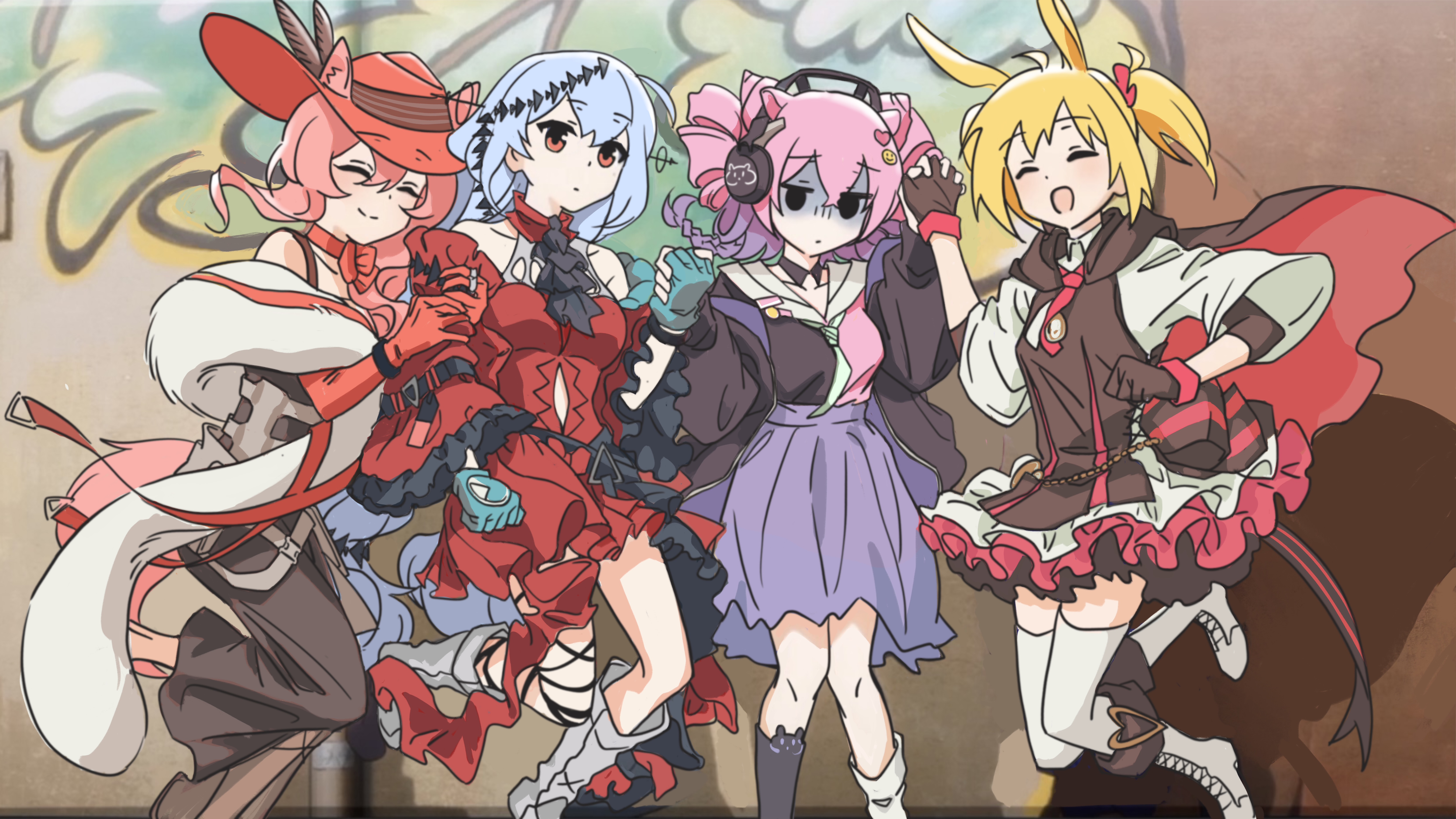 teslan, heidi (arknights), skadi (arknights), skadi the corrupting heart (arknights), sora (arknights), u-official (arknights), arknights, bocchi the rock!, absurdres, chinese commentary, commentary request, highres, 4girls, :d, ^ ^, animal ears, anime coloring, ascot, bare shoulders, black ascot, black eyes, black shirt, blonde hair, bolo tie, boots, brown cape, brown gloves, brown skirt, brown vest, cape, closed eyes, closed mouth, collared shirt, dress, ears through headwear, elbow gloves, emoji, emoji hair ornament, expressionless, facing viewer, frilled sleeves, frills, fur (clothing), gloom (expression), gloves, green gloves, grey hair, group picture, hair between eyes, hair ornament, hat, heart, heart hair ornament, holding hands, interlocked fingers, jumping, knee boots, long hair, long sleeves, looking at viewer, multiple girls, open mouth, parody, pink cape, pink hair, purple skirt, red dress, red eyes, red gloves, red hat, sailor collar, scene reference, shadow, shirt, short hair, skirt, smile, thigh strap, thighhighs, two-sided cape, two-sided fabric, vest, white boots, white sailor collar, white shirt, white thighhighs