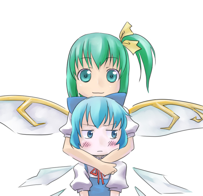 kusaba, kusaba (kusabashiki), cirno, daiyousei, embodiment of scarlet devil, touhou, 2girls, blush, female focus, multiple girls, simple background, white background