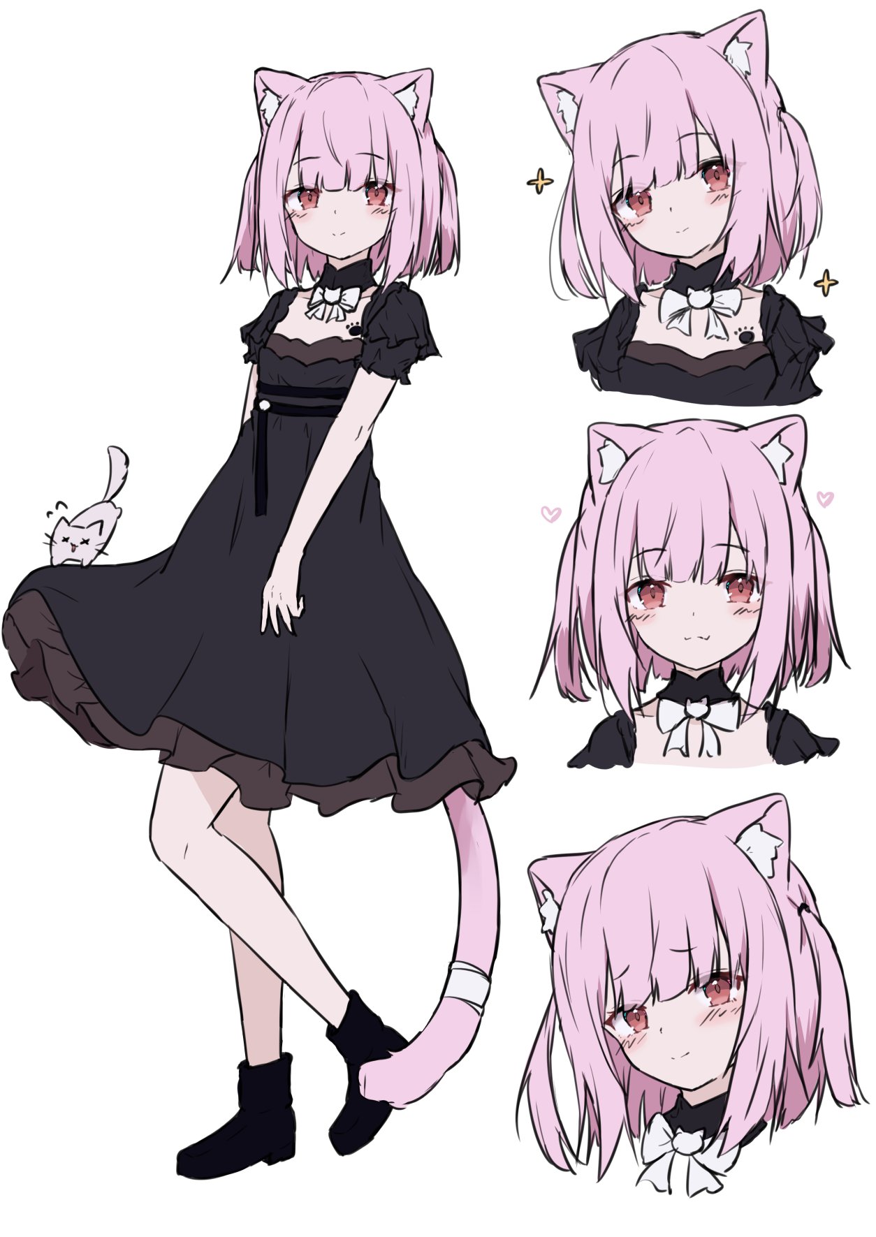hayashi maka, highres, 1girl, animal ears, blush, bow, bowtie, brown eyes, cat ears, cat tail, dress, frills, looking at viewer, medium hair, multiple views, pink hair, red eyes, standing, tail, two side up