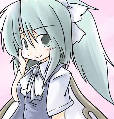 216, daiyousei, embodiment of scarlet devil, touhou, bad id, bad pixiv id, lowres, 1girl, blush, bow, female focus, green eyes, green hair, hair bow, hand on own face, matching hair/eyes, neck ribbon, ponytail, ribbon, smile, solo, wings