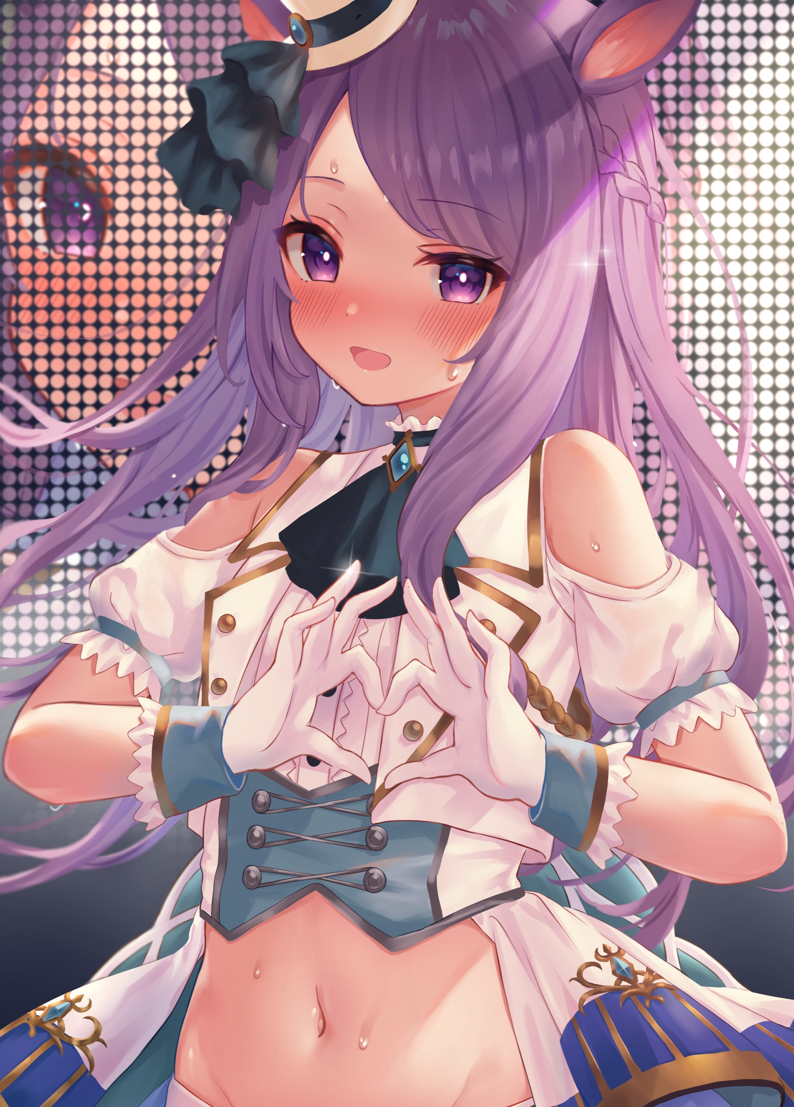 ebihurai, mejiro mcqueen (end of the skies) (umamusume), mejiro mcqueen (umamusume), umamusume, absurdres, commentary, highres, 1girl, :d, ;o, animal ears, ascot, blush, clothing cutout, four-finger heart hands, gloves, green ascot, hat, heart, heart hands, horse ears, horse girl, long hair, looking at viewer, midriff, mini hat, mini top hat, navel, official alternate costume, one eye closed, open mouth, puffy short sleeves, puffy sleeves, purple eyes, purple hair, screen zoom, short sleeves, shoulder cutout, smile, solo, stomach, sweat, tilted headwear, top hat, twitter username, white gloves, white hat
