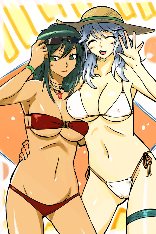 michael f91, silver hair, 2girls, bikini, breasts, closed eyes, dark-skinned female, dark skin, green eyes, green hair, hat, large breasts, long hair, multiple girls, side-tie bikini bottom, straw hat, sunglasses, swimsuit, waving