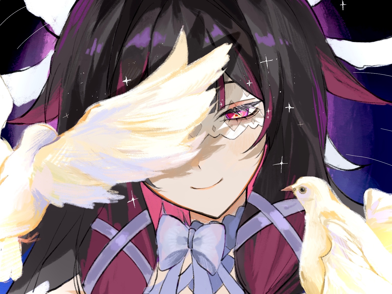 columbina (genshin impact), genshin impact, 1girl, bird, black background, black hair, blunt bangs, closed mouth, covering one eye, dove, eye mask, eyelashes, hair ribbon, half-closed eyes, head wings, long hair, looking at viewer, looking down, multicolored hair, multiple wings, pink eyes, pink hair, portrait, purple aura, ribbon, smile, solo, sparkle, star (sky), streaked hair, tress ribbon, tsurime, white mask, white ribbon, white wings, wings, yayu yyo430