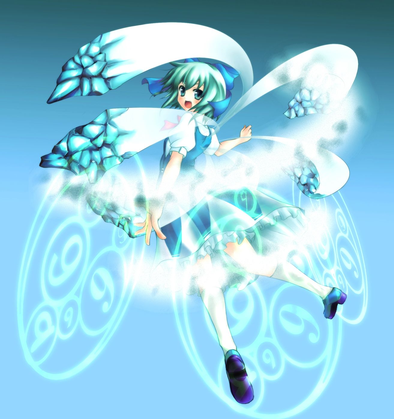 rokushou kokuu, cirno, phantasmagoria of flower view, touhou, bad id, bad pixiv id, highres, 1girl, alternate wings, aqua eyes, aqua hair, bow, circled 9, fang, female focus, floating, hair bow, ice, kneehighs, large bow, looking back, magic circle, open mouth, outstretched arm, short hair, smile, socks, solo, white socks, wings