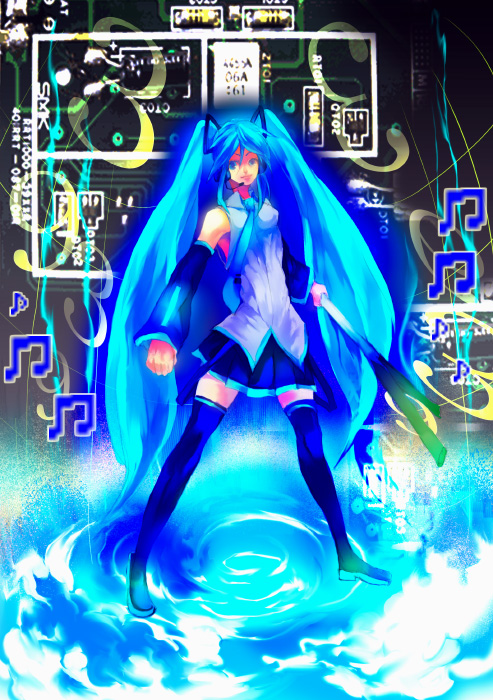 toriko (hatoriko), hatsune miku, vocaloid, bad id, bad pixiv id, 1girl, blue hair, detached sleeves, female focus, long hair, solo, spring onion, thighhighs, twintails, very long hair