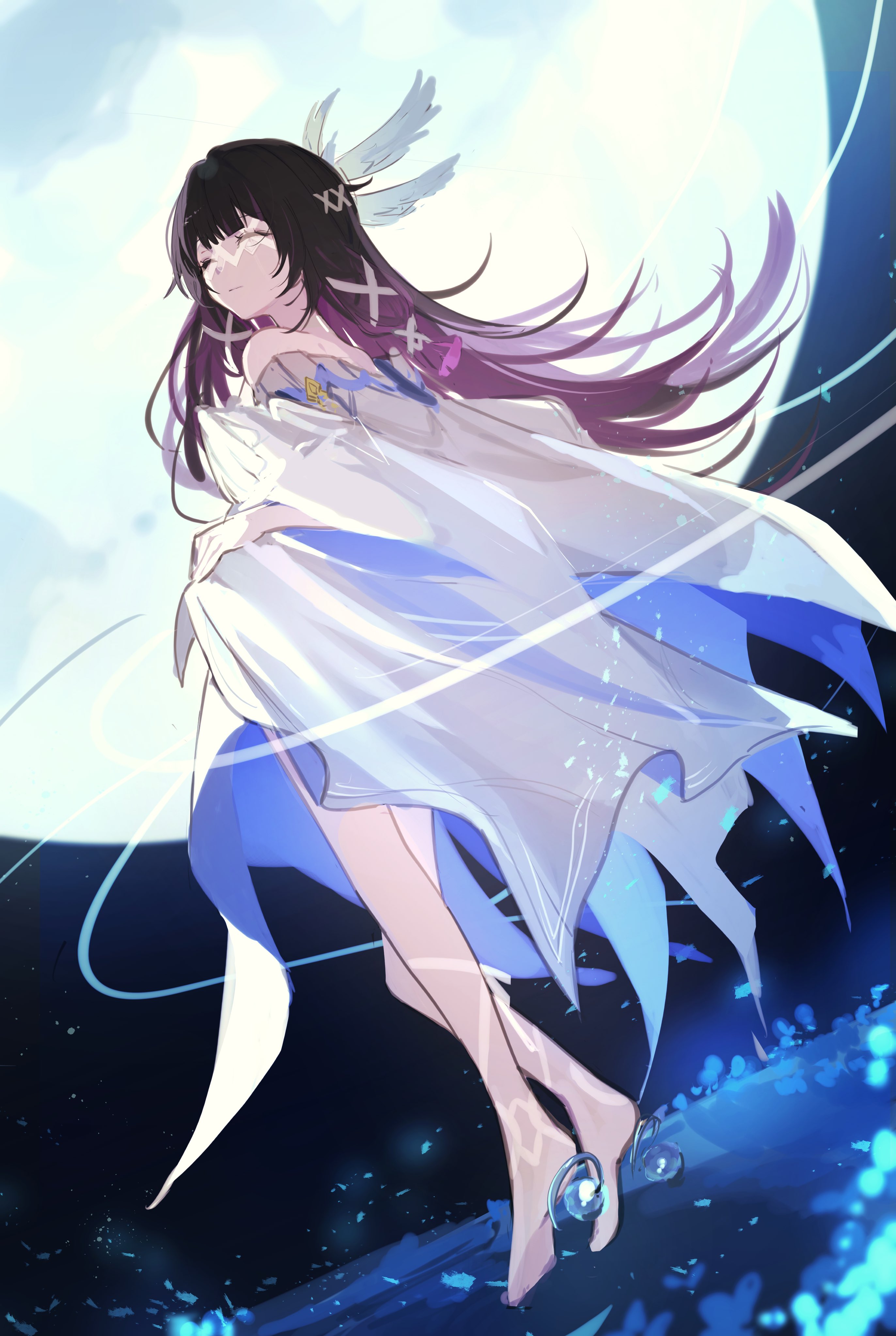 magnet 8 8, columbina (genshin impact), genshin impact, absurdres, highres, 1girl, angel wings, bare shoulders, black hair, blunt bangs, blunt tresses, closed mouth, colored tips, dress, expressionless, eye mask, feathered wings, from below, full body, full moon, hair ribbon, hair tubes, head wings, leg ribbon, long hair, long sleeves, mask, moon, multicolored hair, multiple wings, night, night sky, off-shoulder dress, off shoulder, pink hair, ribbon, see-through clothes, see-through mask, sky, solo, tress ribbon, white dress, white mask, white ribbon, white wings, wide sleeves, wings