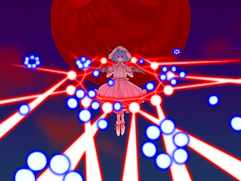 ameri, remilia scarlet, embodiment of scarlet devil, touhou, bad id, bad pixiv id, 1girl, bat wings, blue hair, danmaku, female focus, full moon, hat, moon, red eyes, red moon, solo, wings