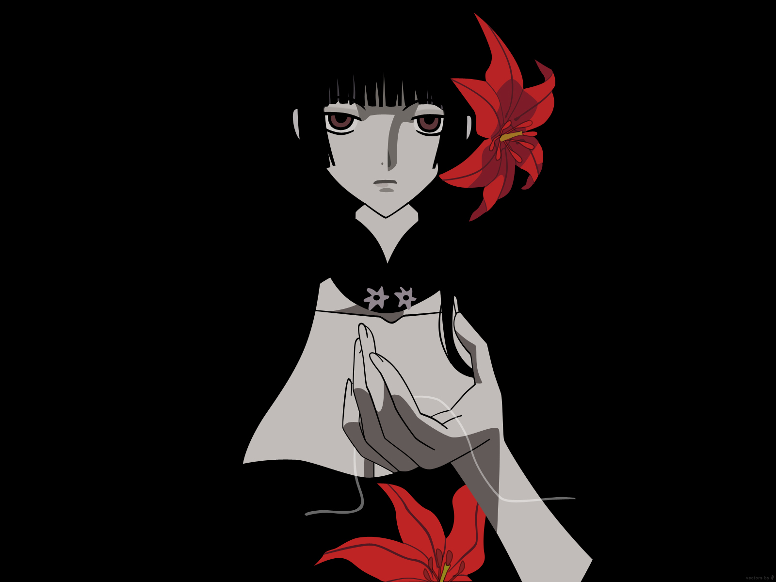 ichihara yuuko, xxxholic, highres, 00s, blunt bangs, flower, hime cut, solo, string