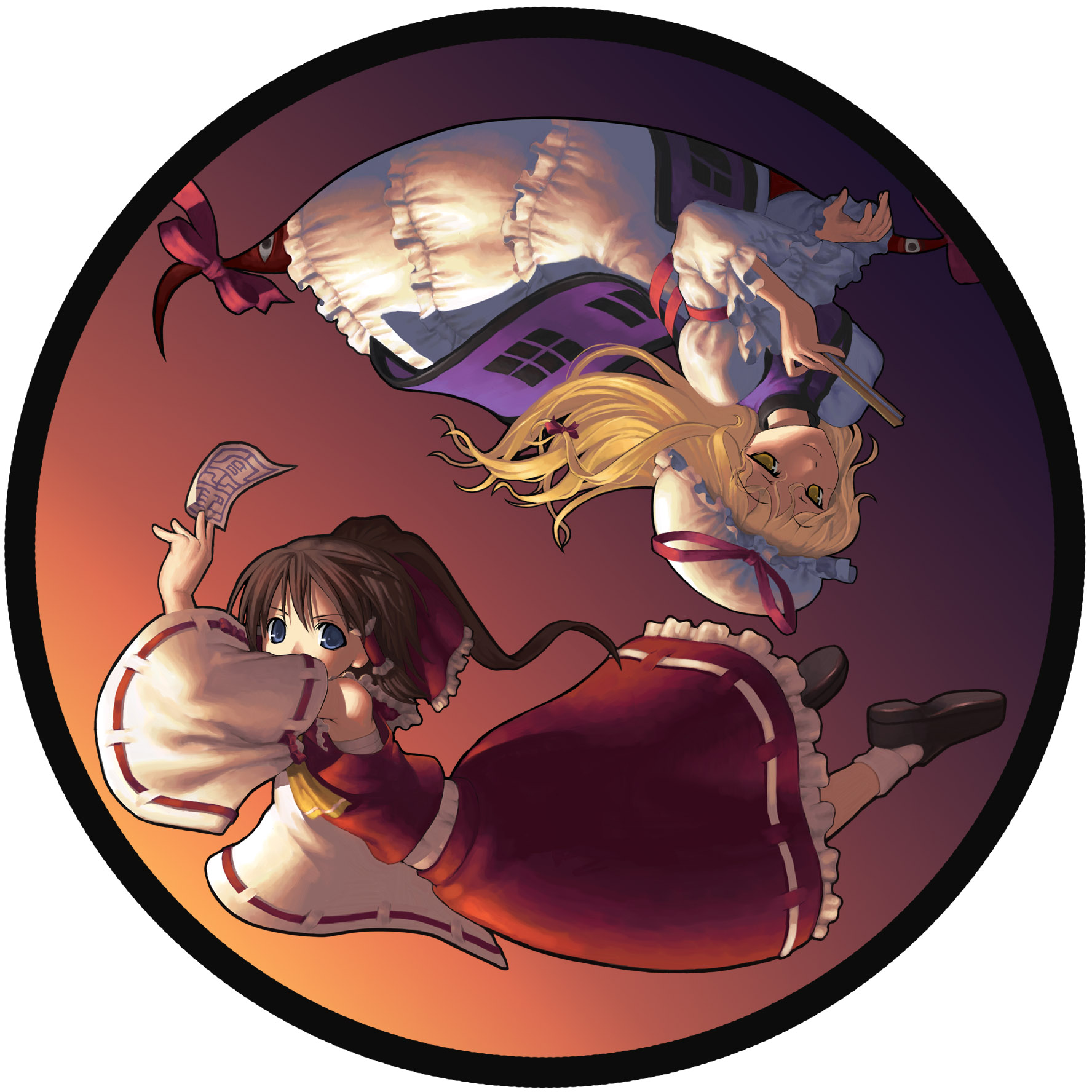 akoto 0000, hakurei reimu, yakumo yukari, touhou, highres, 2girls, detached sleeves, female focus, gap (touhou), japanese clothes, miko, multiple girls