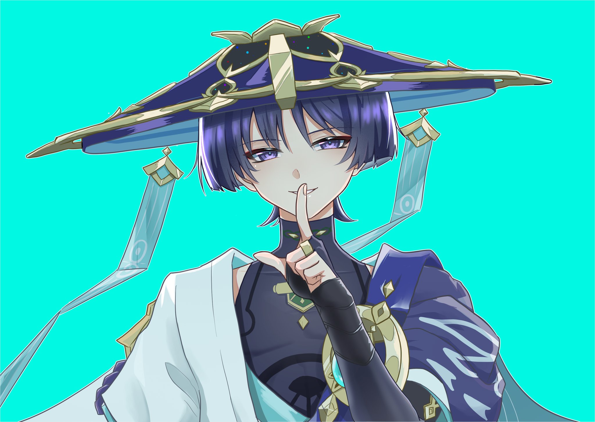 purinigax, scaramouche (genshin impact), wanderer (genshin impact), genshin impact, highres, 1boy, aqua background, aqua kimono, aqua sleeves, armor, black bodysuit, black bridal gauntlets, black hair, blue sleeves, blunt ends, bodysuit, bridal gauntlets, bright pupils, cape, colored inner hair, eyeliner, eyeshadow, finger to mouth, fingernails, furisode, gold, gold ring, grey hair, grin, hand up, hat, index finger raised, japanese armor, japanese clothes, jingasa, juban, kimono, kote, kurokote, layered sleeves, makeup, male focus, middle ring, multicolored hair, open clothes, open kimono, pectorals, purple cape, purple eyes, purple hair, purple hat, purple rope, red eyeliner, red eyeshadow, rope, short sleeves, shoulder peek, shushing, skin tight, smile, solo, straight-on, streaked hair, teeth, tsurime, turtleneck, turtleneck bodysuit, upper body, white kimono, white pupils, white sleeves, white trim, wispy bangs