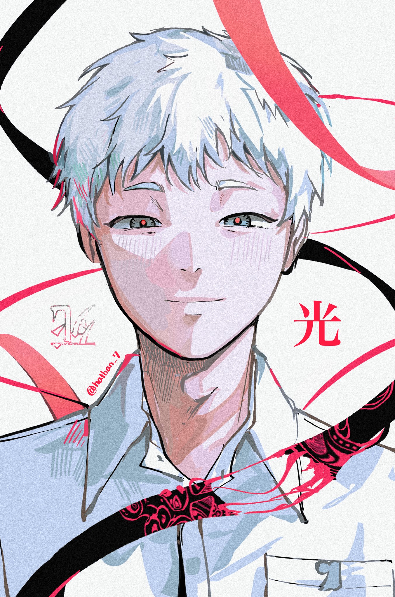 indou hikaru, hikaru ga shinda natsu, commentary, hashtag-only commentary, highres, 1boy, blush, breast pocket, closed mouth, collared shirt, grey eyes, male focus, open collar, pocket, portrait, red pupils, red ribbon, ribbon, school uniform, shirt, short hair, simple background, sinsaimdan32359, solo, straight-on, twitter username, white background, white hair, wing collar